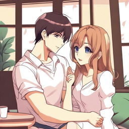 An anime-style illustration featuring a girl with a seductive expression, playfully interacting with her boyfriend