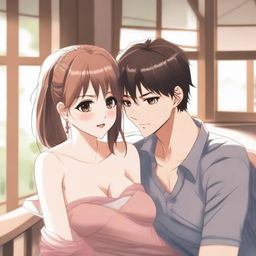 An anime-style illustration featuring a girl with a seductive expression, playfully interacting with her boyfriend