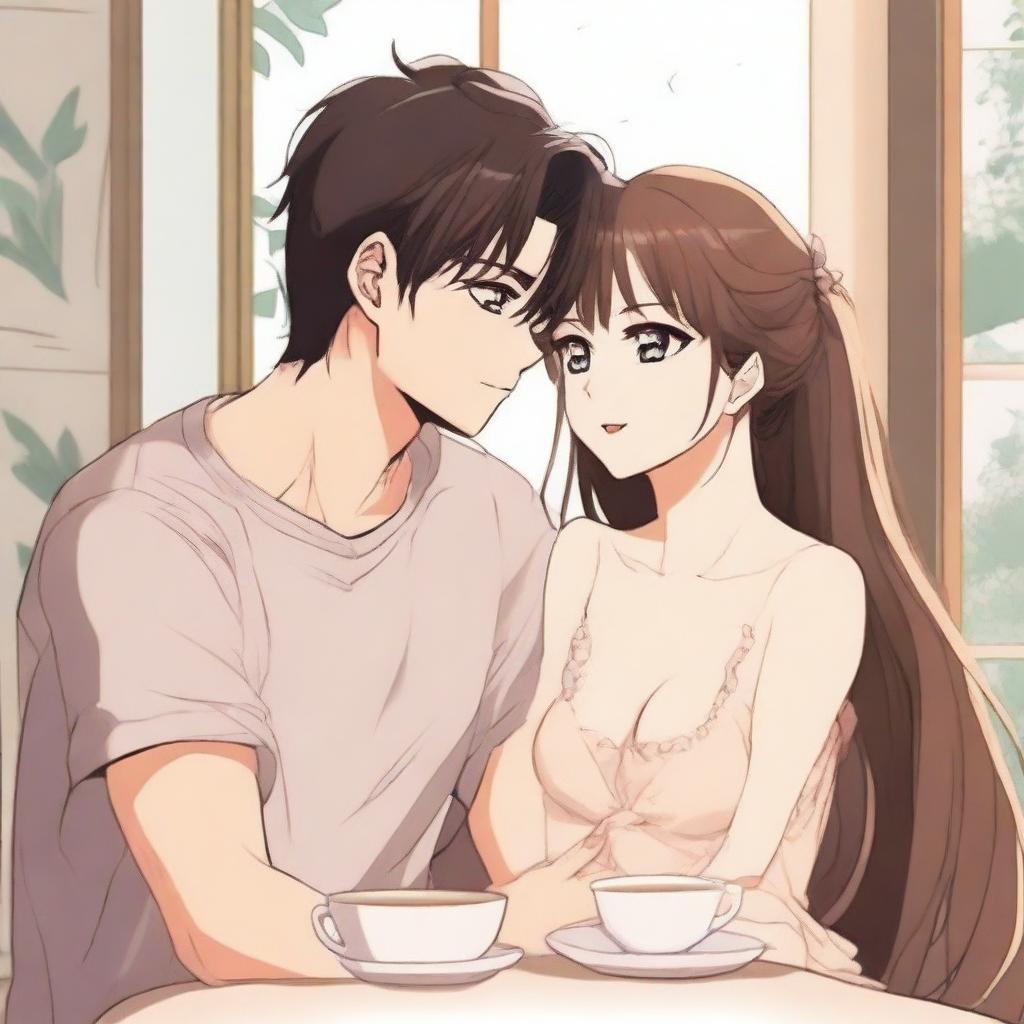 An anime-style illustration featuring a girl with a seductive expression, playfully interacting with her boyfriend