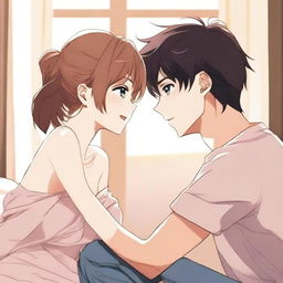 An anime-style illustration featuring a girl with a seductive expression, playfully interacting with her boyfriend