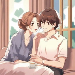 An anime-style illustration featuring a girl with a seductive expression, playfully interacting with her boyfriend