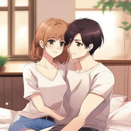 An anime-style illustration featuring a girl with a seductive expression, playfully interacting with her boyfriend