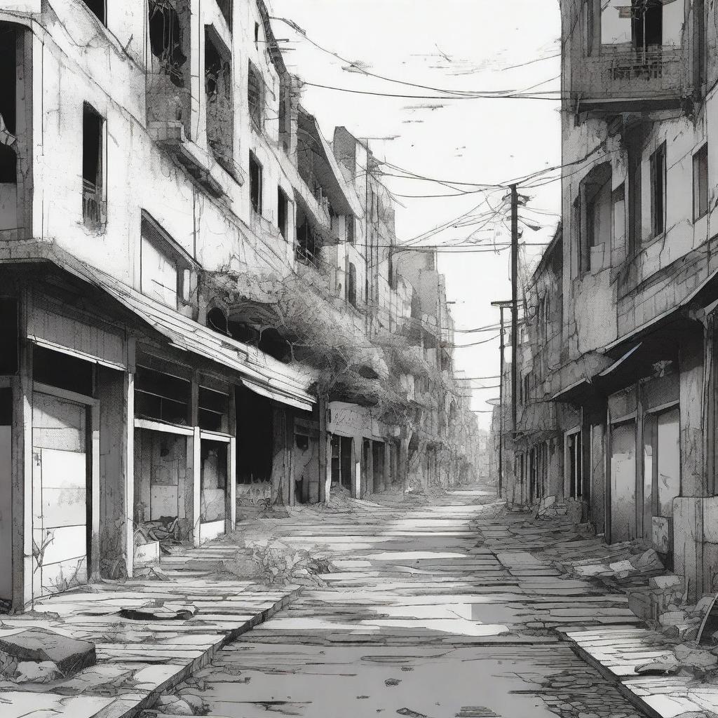 A detailed manga-style background of an abandoned city