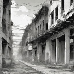 A detailed manga-style background of an abandoned city