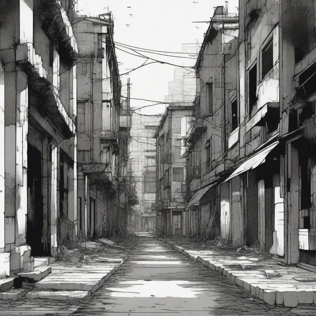 A detailed manga-style background of an abandoned city