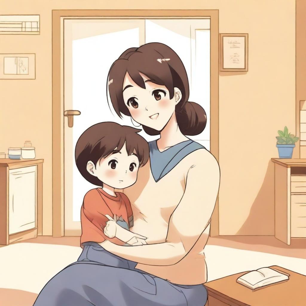 An anime-style illustration featuring a mother and her son in a playful and affectionate interaction