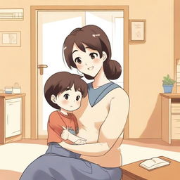 An anime-style illustration featuring a mother and her son in a playful and affectionate interaction