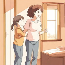 An anime-style illustration featuring a mother and her son in a playful and affectionate interaction