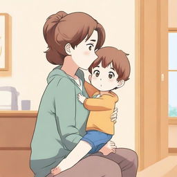 An anime-style illustration featuring a mother and her son in a playful and affectionate interaction