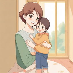 An anime-style illustration featuring a mother and her son in a playful and affectionate interaction