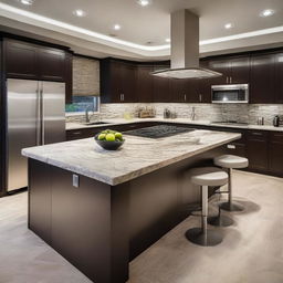 A modern island kitchen with sleek countertops and state-of-the-art appliances