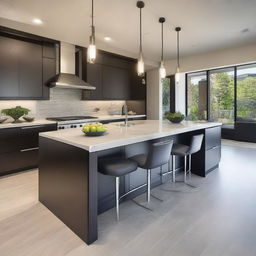 A modern island kitchen with sleek countertops and state-of-the-art appliances