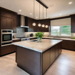 A modern island kitchen with sleek countertops and state-of-the-art appliances