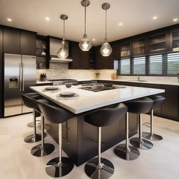 A modern island kitchen with sleek countertops and state-of-the-art appliances