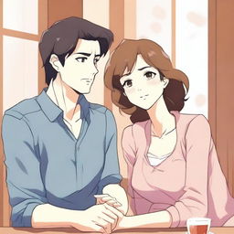 An anime-style illustration featuring a mother and her husband in a playful and romantic interaction