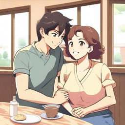 An anime-style illustration featuring a mother and her husband in a playful and romantic interaction