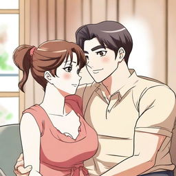 An anime-style illustration featuring a mother and her husband in a playful and romantic interaction