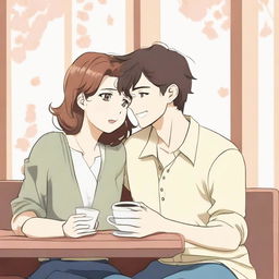 An anime-style illustration featuring a mother and her husband in a playful and romantic interaction