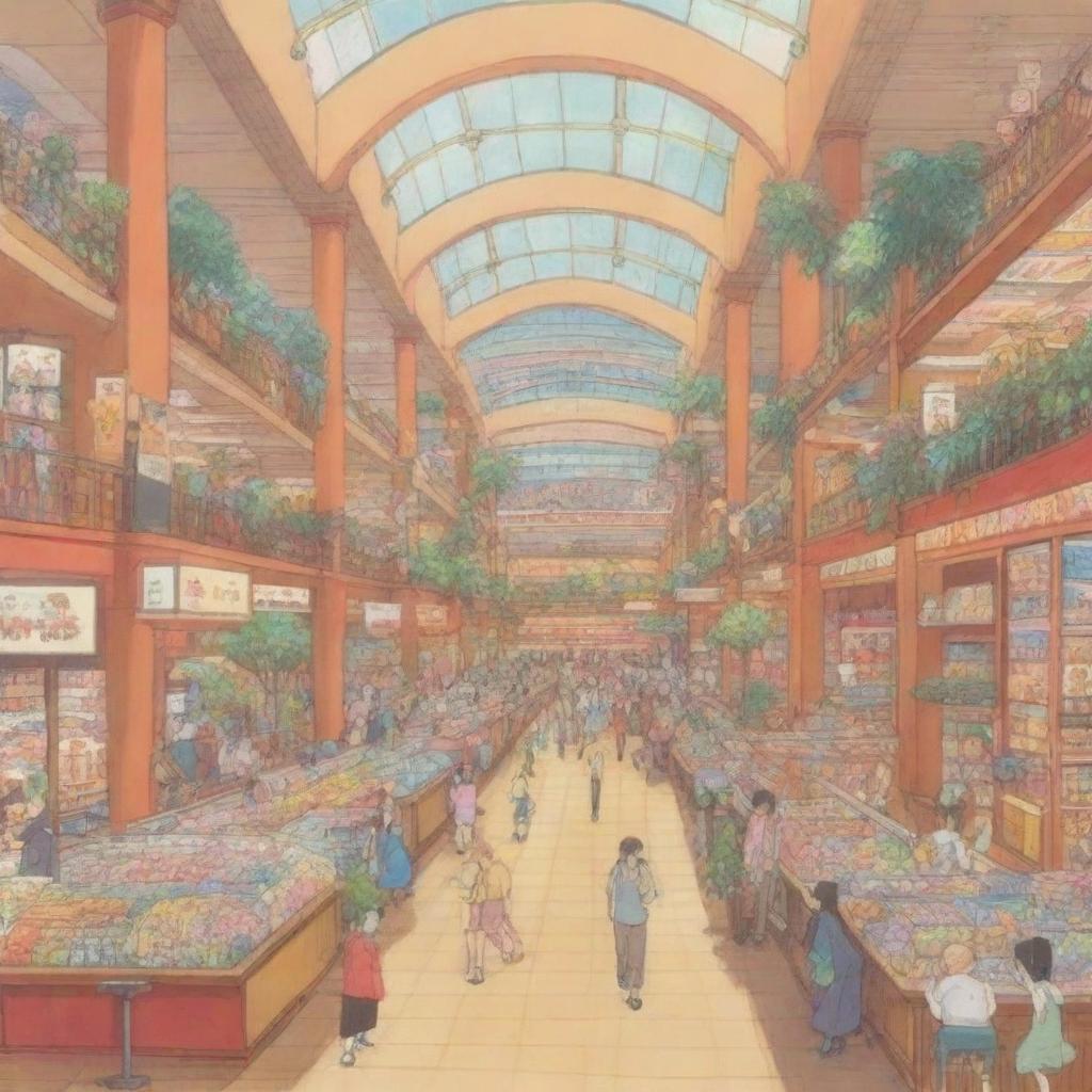 A bustling big mall depicted in an anime style