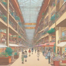 A bustling big mall depicted in an anime style