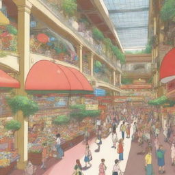 A bustling big mall depicted in an anime style