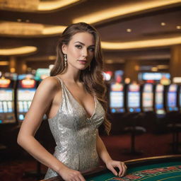 An elegant California girl in stylish fashion, posing confidently in a grand, well-lit casino filled with slot machines and gaming tables.