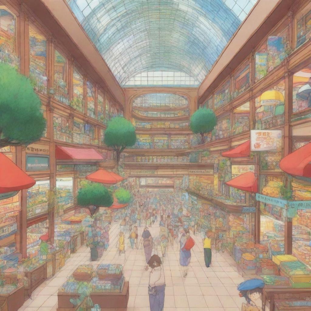 A bustling big mall depicted in an anime style