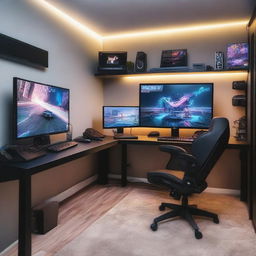 A cozy, small gaming room with modern equipment