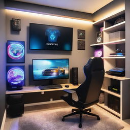 A cozy, small gaming room with modern equipment