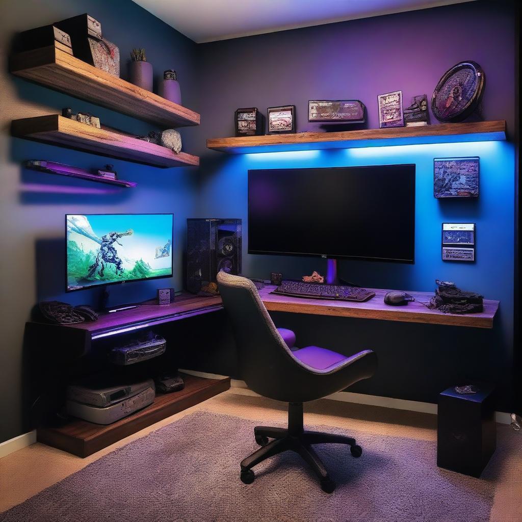 A cozy, small gaming room with modern equipment