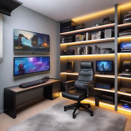 A cozy, small gaming room with modern equipment