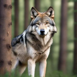 A raw photograph of a majestic wolf standing in a natural forest setting