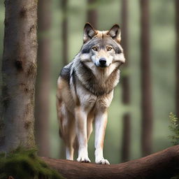 A raw photograph of a majestic wolf standing in a natural forest setting