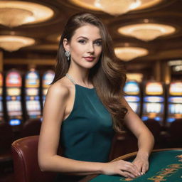 An elegant California girl in stylish fashion, posing confidently in a grand, well-lit casino filled with slot machines and gaming tables.