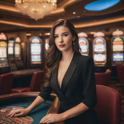 An elegant California girl in stylish fashion, posing confidently in a grand, well-lit casino filled with slot machines and gaming tables.