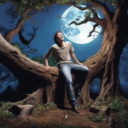 A photorealistic image of a frightened and attractive young man lying lengthwise across the top of a giant tree stump, flat on his back