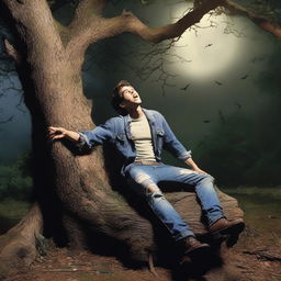 A photorealistic image of a frightened and attractive young man lying lengthwise across the top of a giant tree stump, flat on his back