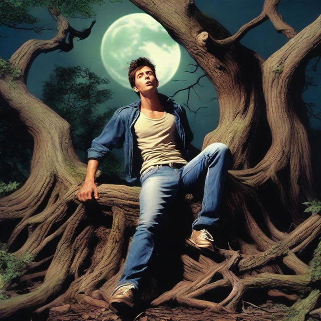 A photorealistic image of a frightened and attractive young man lying lengthwise across the top of a giant tree stump, flat on his back