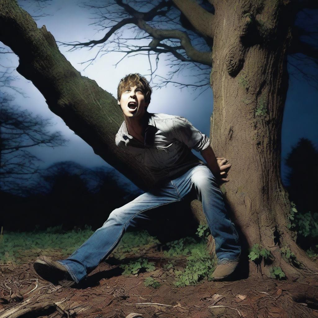A photorealistic image of a frightened young man screaming in terror, lying lengthwise across the top of a giant tree stump, flat on his back as a human sacrifice