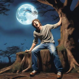 A photorealistic image of a frightened young man screaming in terror, lying lengthwise across the top of a giant tree stump, flat on his back as a human sacrifice