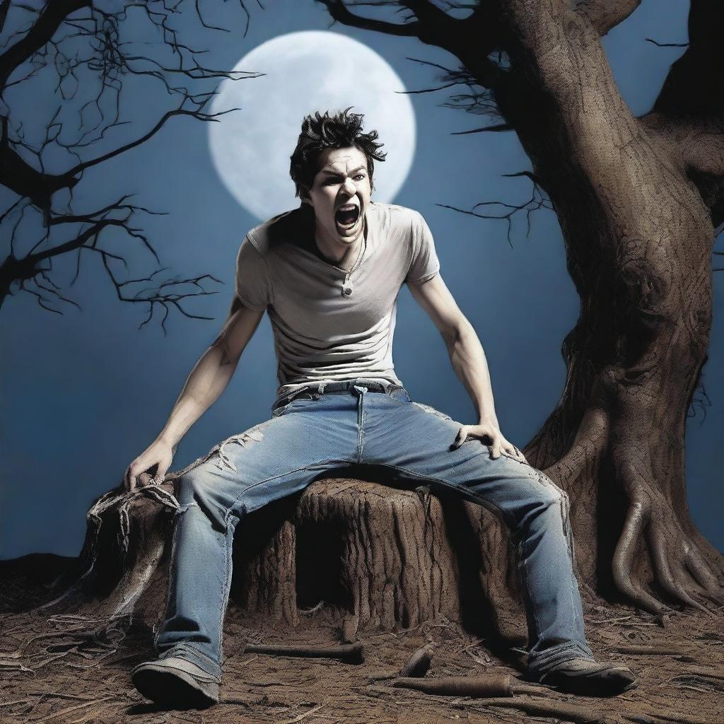 A photorealistic image of a frightened young man screaming in terror, lying lengthwise across the top of a giant tree stump, flat on his back as a human sacrifice