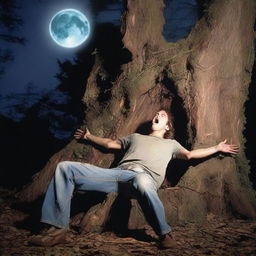 A photorealistic image of a frightened young man screaming in terror, lying lengthwise across the top of a giant tree stump, flat on his back as a human sacrifice