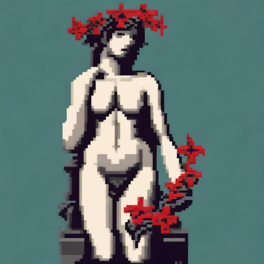 A Greek statue of an androgynous figure, naked, with closed eyes holding red lilies