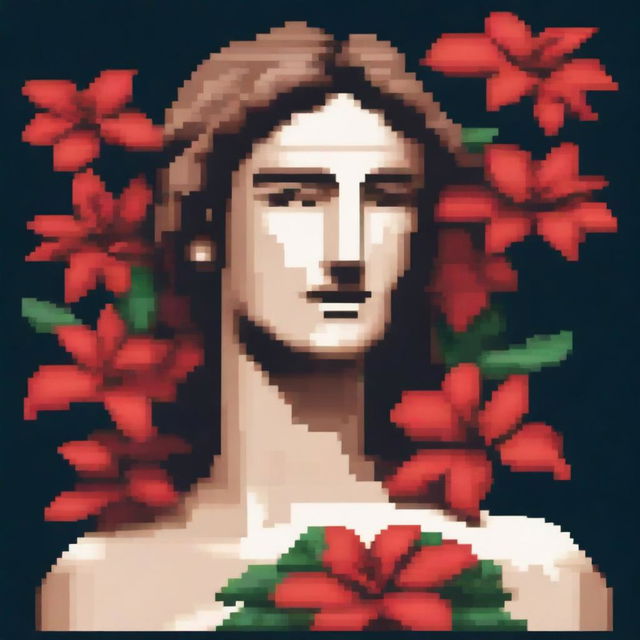 A Greek statue of an androgynous figure, naked, with closed eyes holding red lilies