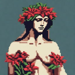 A Greek statue of an androgynous figure, naked, with closed eyes holding red lilies