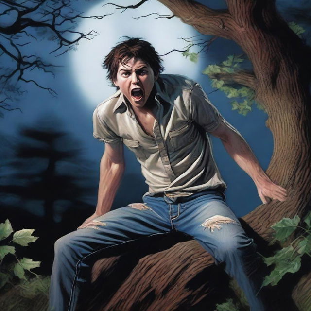 A photorealistic scene of a frightened young man screaming in terror, lying completely down lengthwise across the top of a tree stump, flat on his back as a human sacrifice