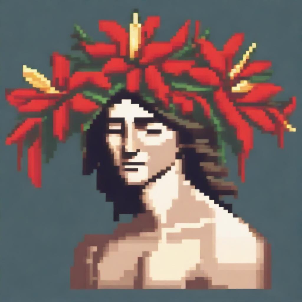 A high-detail pixel art depiction of a Greek statue of an androgynous naked figure with closed eyes, holding red lilies