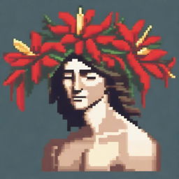 A high-detail pixel art depiction of a Greek statue of an androgynous naked figure with closed eyes, holding red lilies