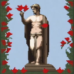 A high-detail pixel art depiction of a Greek statue of an androgynous naked figure with closed eyes, holding red lilies