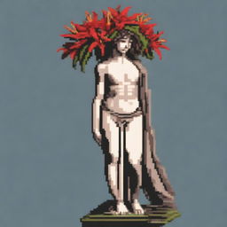 A high-detail pixel art depiction of a Greek statue of an androgynous naked figure with closed eyes, holding red lilies